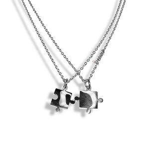 Puzzle Necklaces Pair shiny 16" Stainless Steel 14k silver plated friendship 2pc